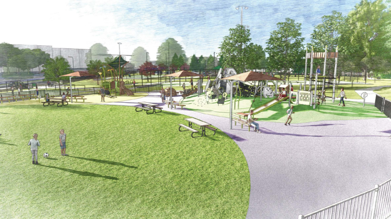 Park concept design of future Ewald Park that shows a playground, benches, etc.