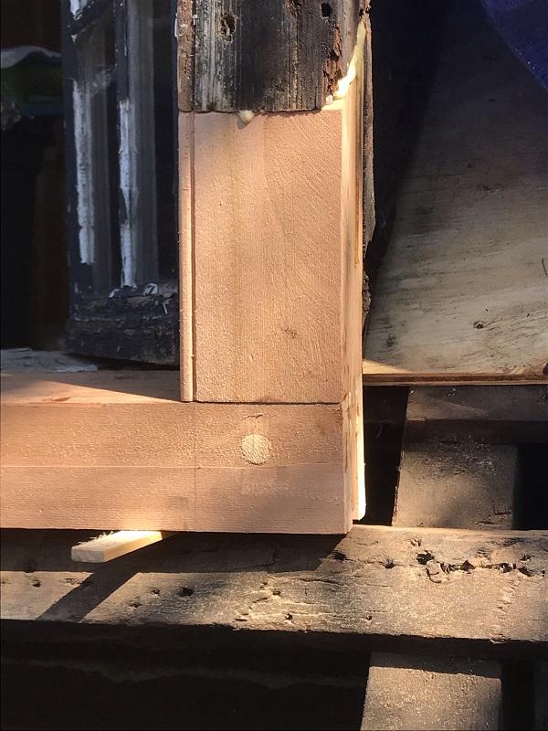 New timber jamb, spliced into the sound portions of the frame