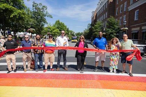 Rainbow crosswalk ribbon cutting