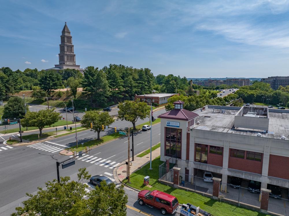 Drone aerial of Masonic temple and USPS facility