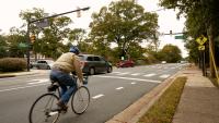A person riding in a bike lane