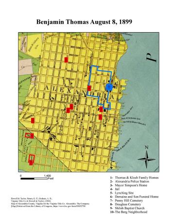 The Lynching of Benjamin Thomas, Map of the Events of August 8, 1899