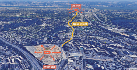 Aerial map of Duke Street from the West End Development looking east towards Old Town.