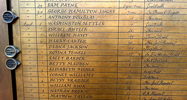 Sculptural panel showing names of those buried at the cemetery, from the Gladwin Record