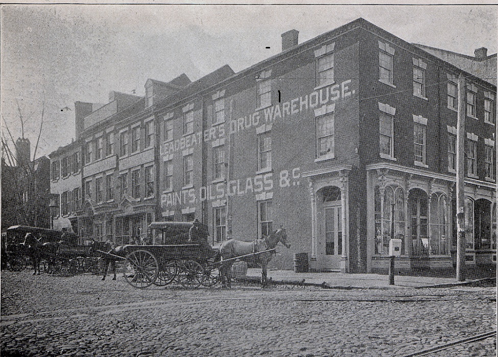 Leadbeater Corner, historic photo with Drug Warehouse and horses and carts