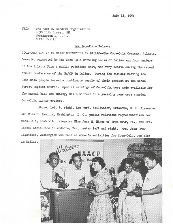 Moss Kendrix Press Release, 1954 NAACP Convention in Dallas
