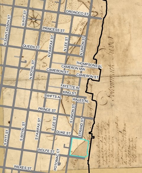 Robinson Terminal South block and modern street grid marked on 1748 Map of Alexandria