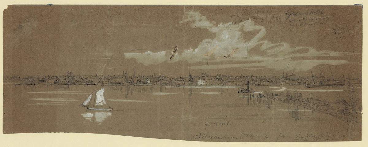 Alexandria, Virginia from the Maryland side of the Potomac, Alfred Waud, 1861. (Courtesy, Library of Congress)