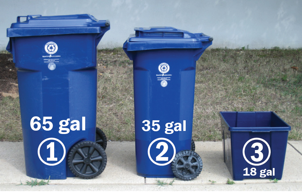 Photo showing the 65 gallon, 32 gallon and 1.8 gallon recycling carts available for curbside residential recycling in Alexandira