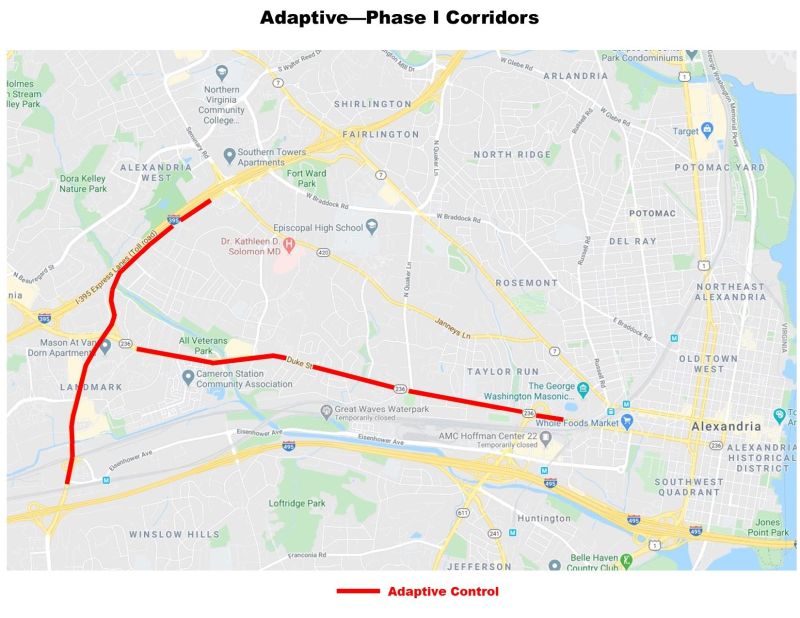 Map of the corridors involved in the phase 1 adaptive program (Duke Street from Whole foods to 236, segment of Van Dorn St between Eisenhower and 395 