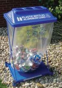 Photo of a clear stream recycling container (blue plastic bin fitted with a clear bag) for plastic bottles and aluminum cans