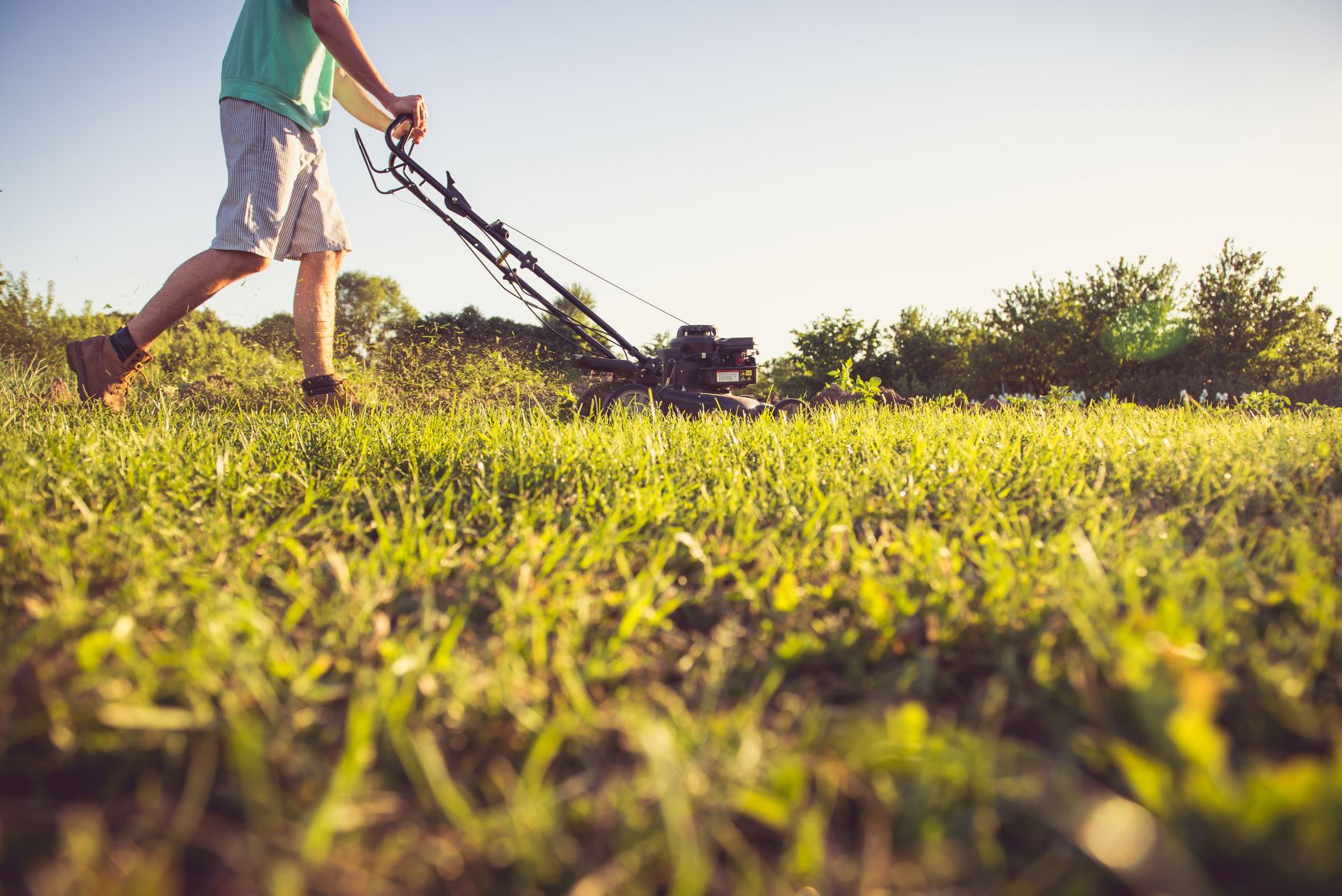 Person mowing leaving grass clippings behind to show grasscycling