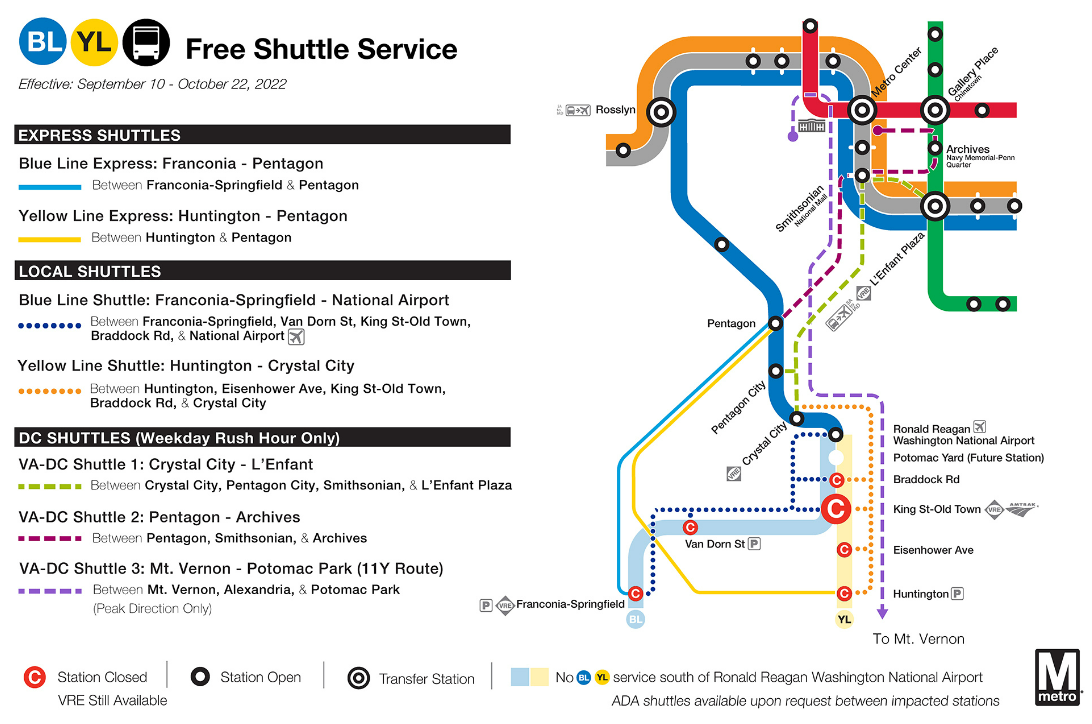 Shuttle map for fall 2022 Metrorial work - info repeated below graphic in text
