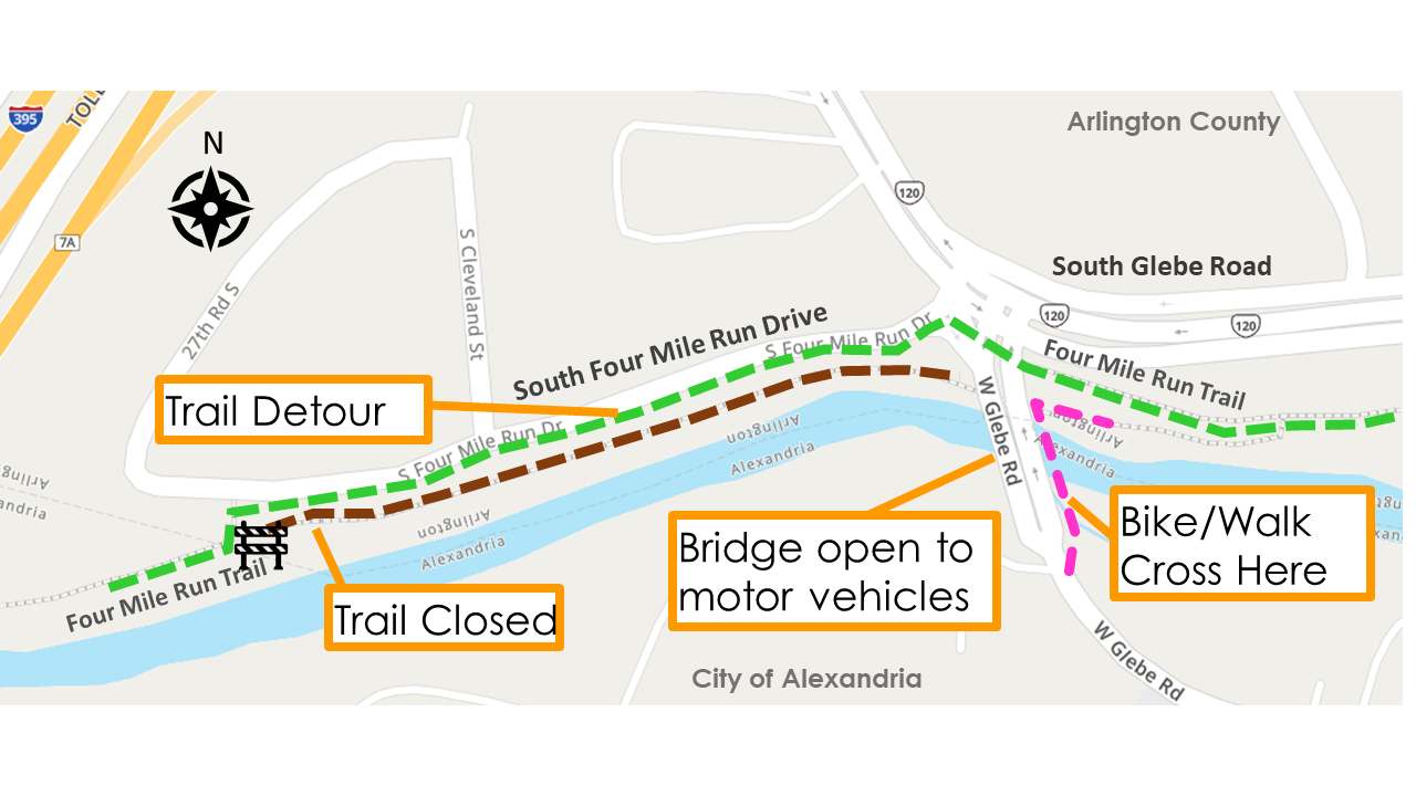 Map of the March 2023 partial vehicular reopening of the W Glebe Road Bridge