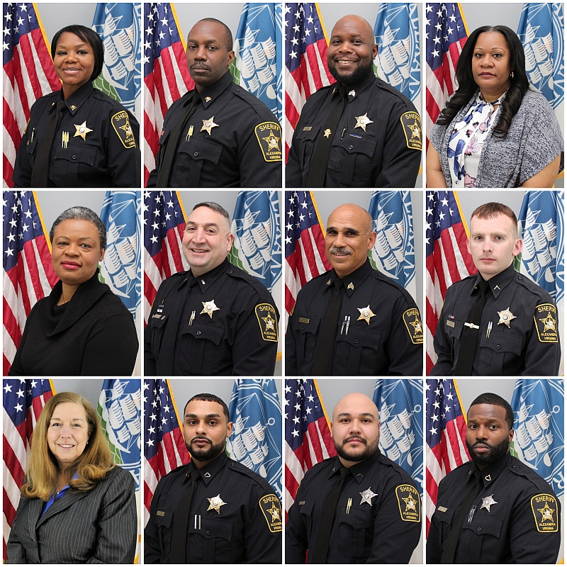 portraits of 12 employees, nine in uniform and three in civilian clothes