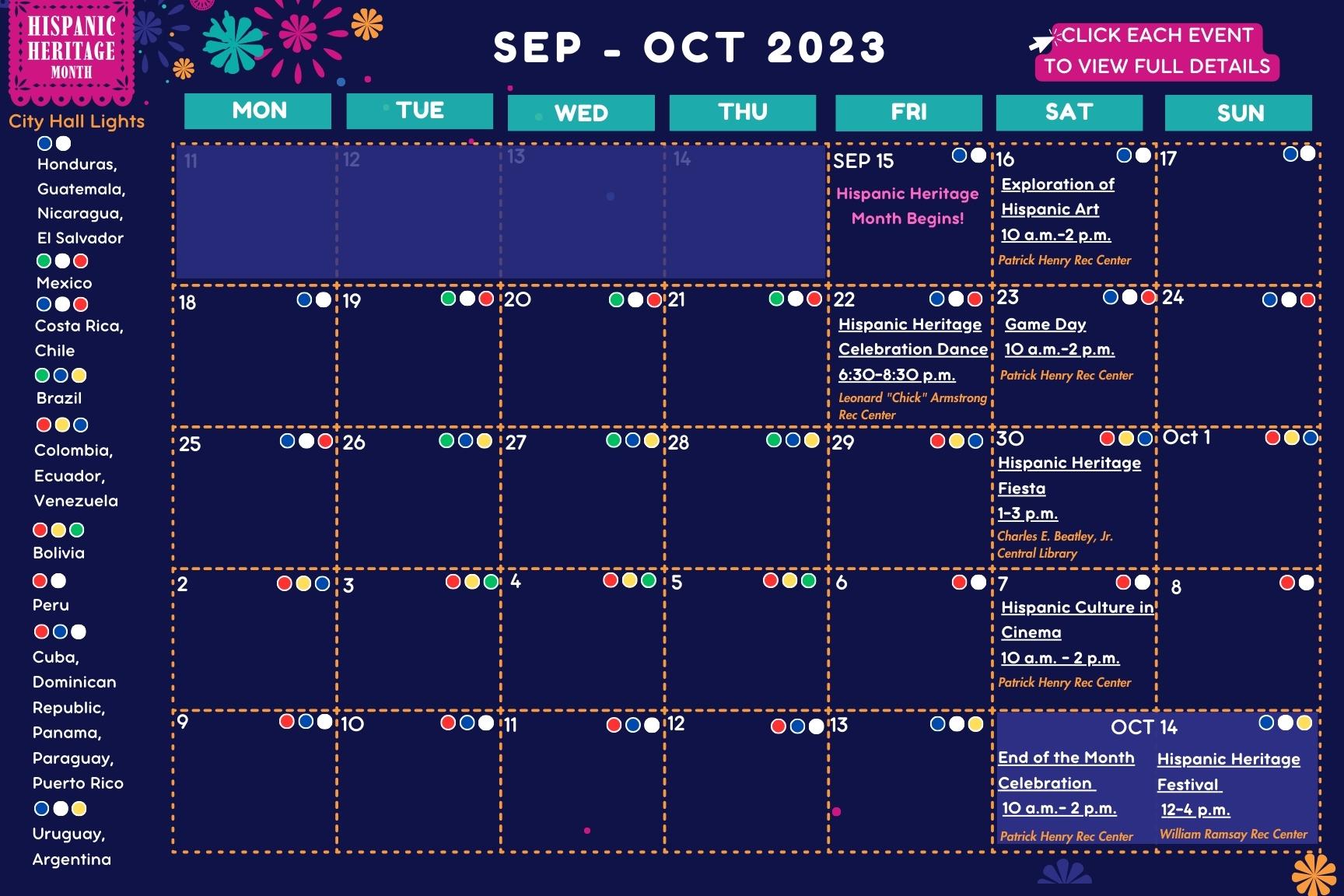Hispanic Heritage Month 2023 Grid Calendar