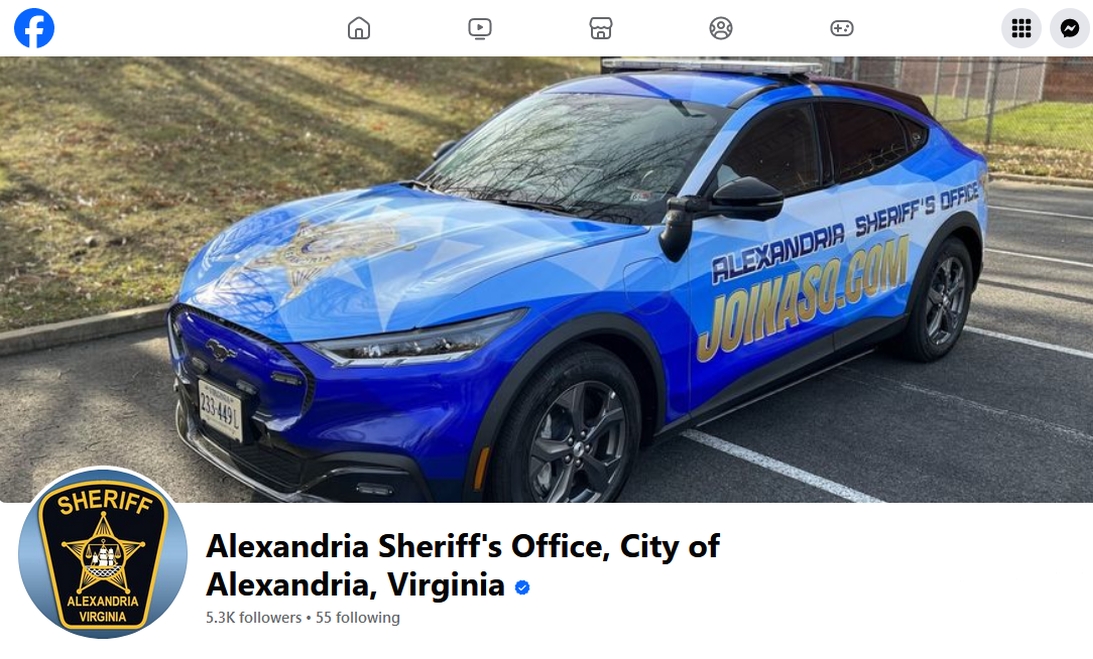 Screen shot of Sheriff's Office Facebook page showing a blue and gold shoulder patch with a star in the center and a large image of a Ford Mustang Mace E wrapped with blue and gold design 