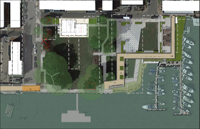 Rendering of Waterfront Park showing the Strand Street pump station orientation and internal flood wall design concept.