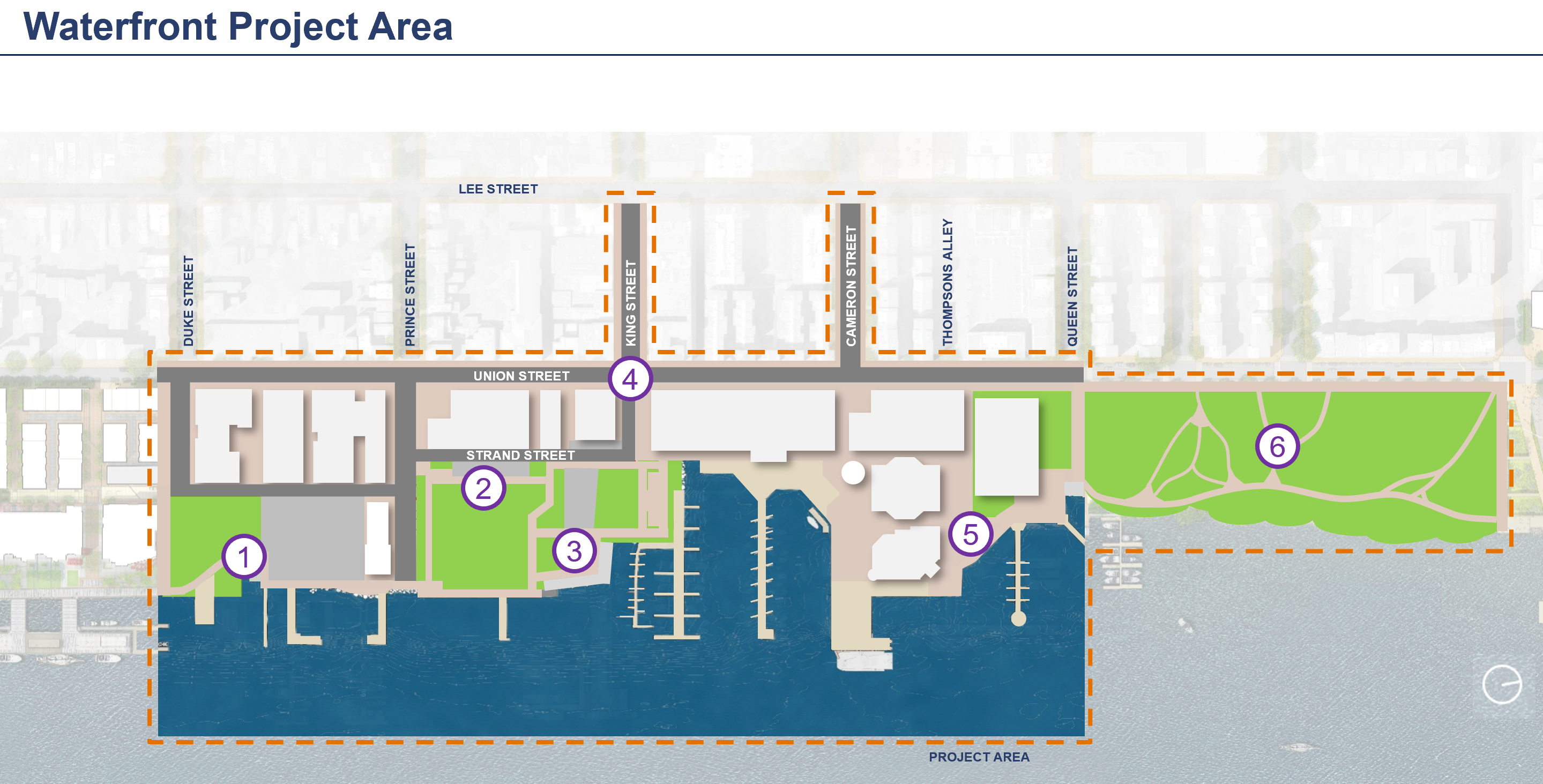 Numbered diagram of Waterfront project work areas