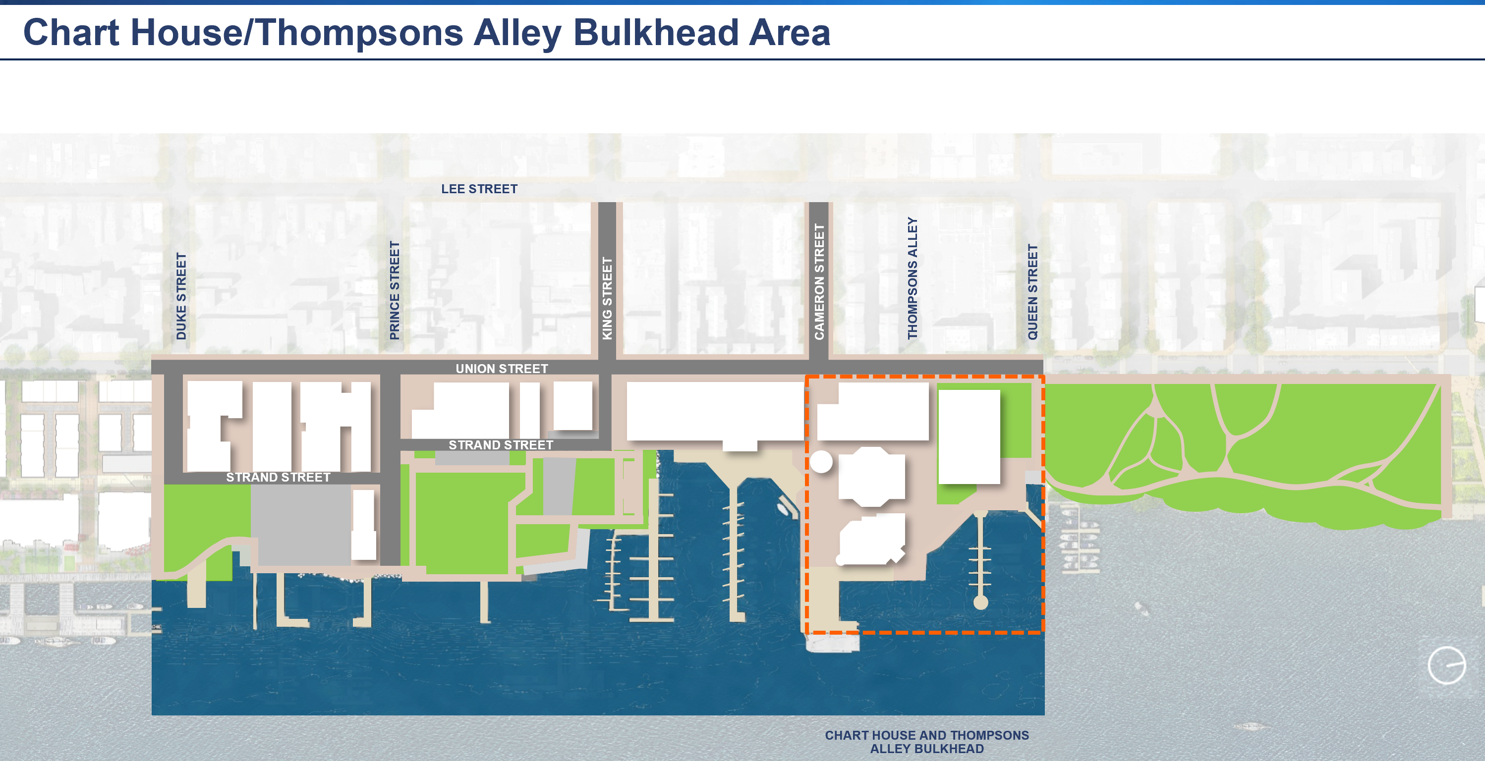 Rendering of Waterfront Project area showing location of the Chart House and Thompsons Alley area