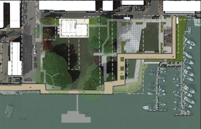 Rendering of Waterfront Park showing the Strand Street pump station orientation and new bulkhead design concept.