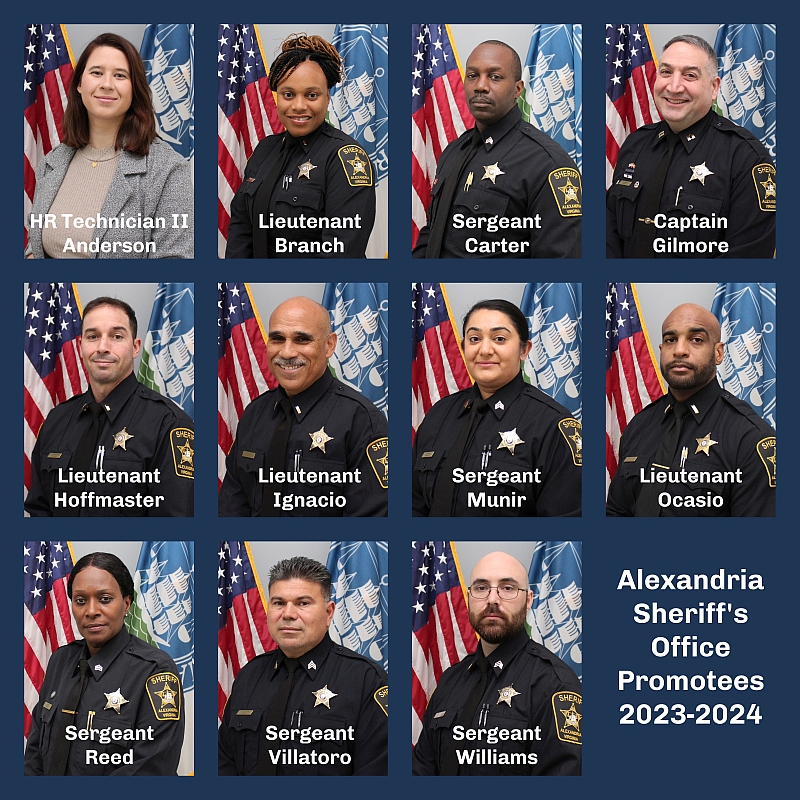 Formal portraits of 11 deputies in blue uniforms and 1 professional staff member in civilian clothing, all with U.S. and Alexandria flags in the background and their names below their faces