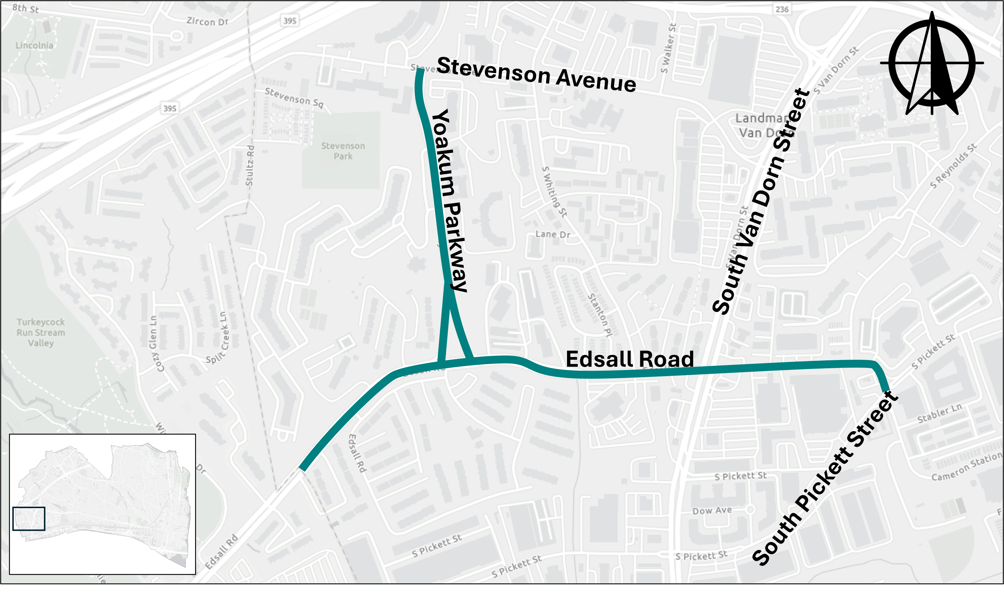 A map of Edsall Road and Yoakum Parkway in Alexandria.