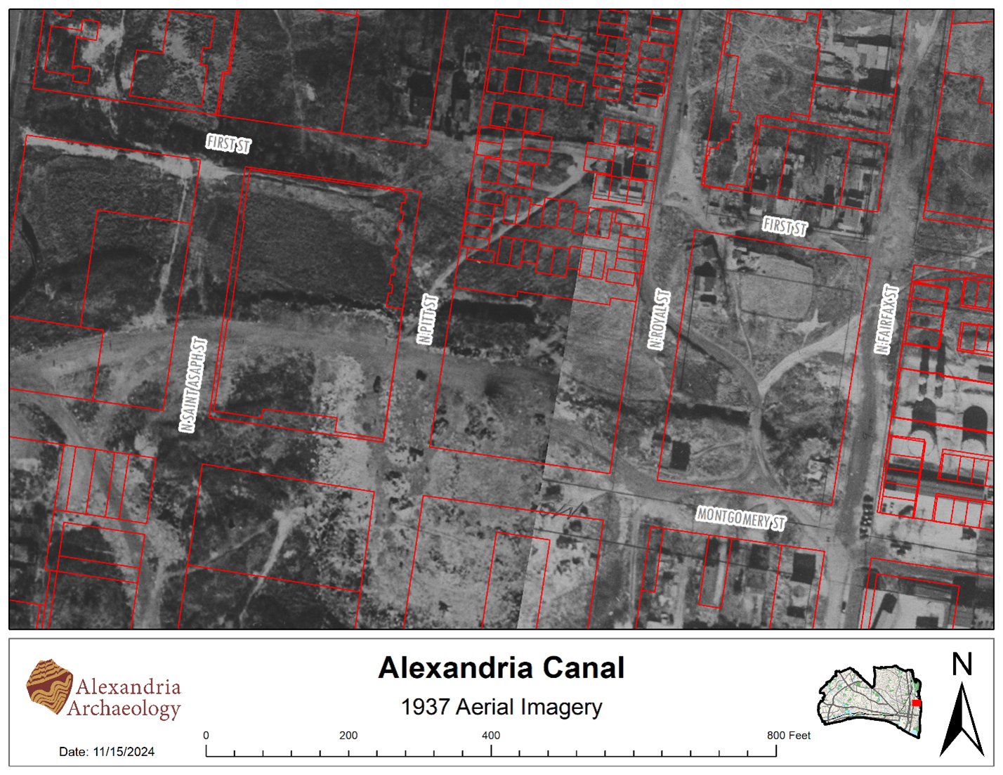 black and white aerial image with street grid imposed in red.