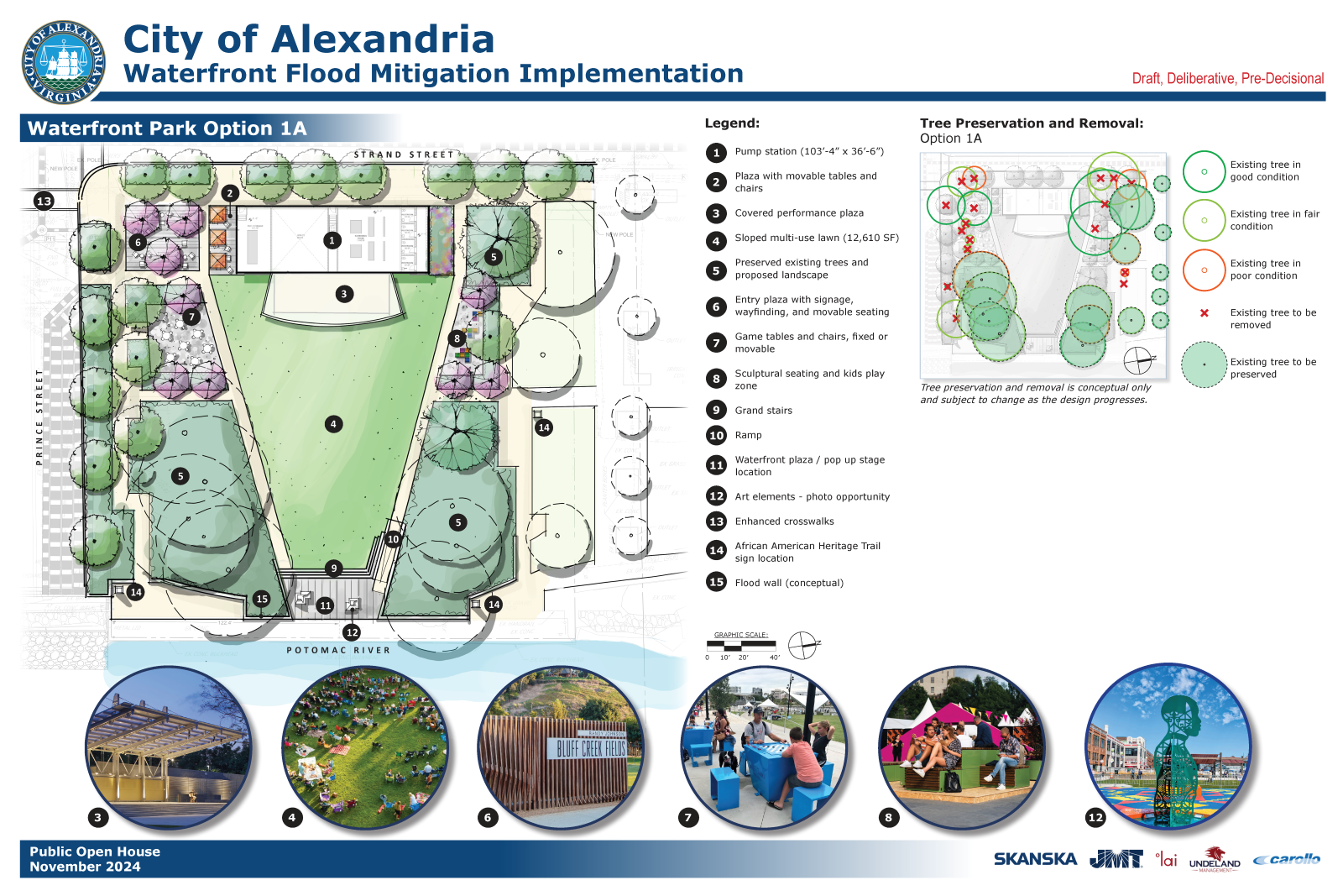 Rendering of Pump Station and Waterfront Park landscape design concept 1A.