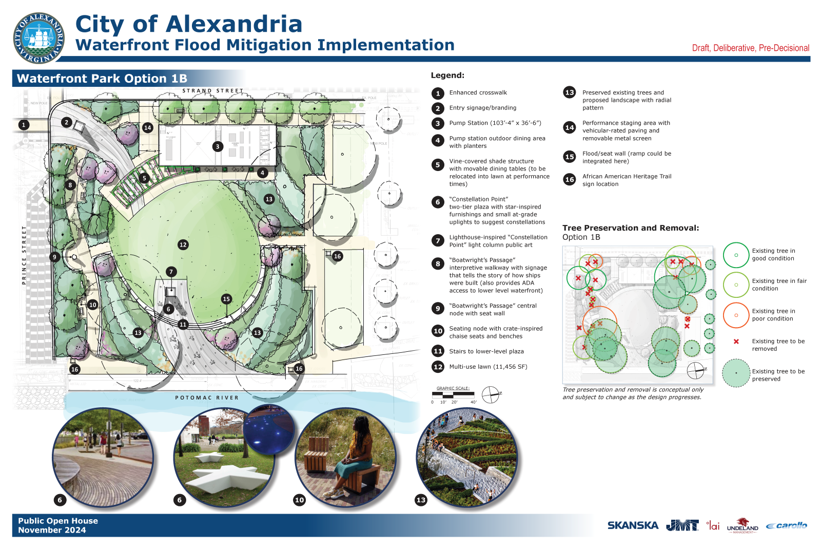 Rendering of Pump Station and Waterfront Park landscape design concept 1B.