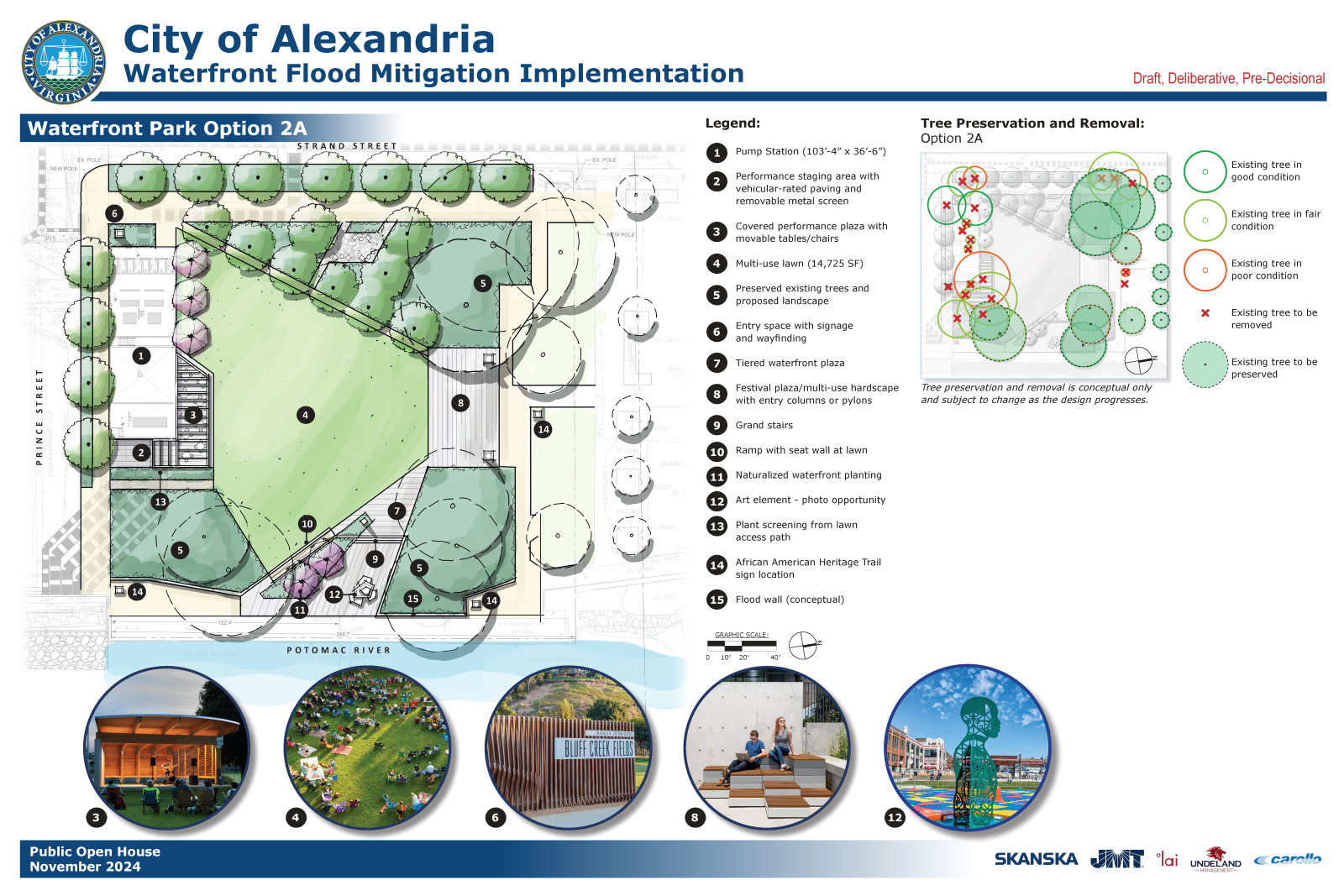 Rendering of Pump Station and Waterfront Park landscape design concept 2A.