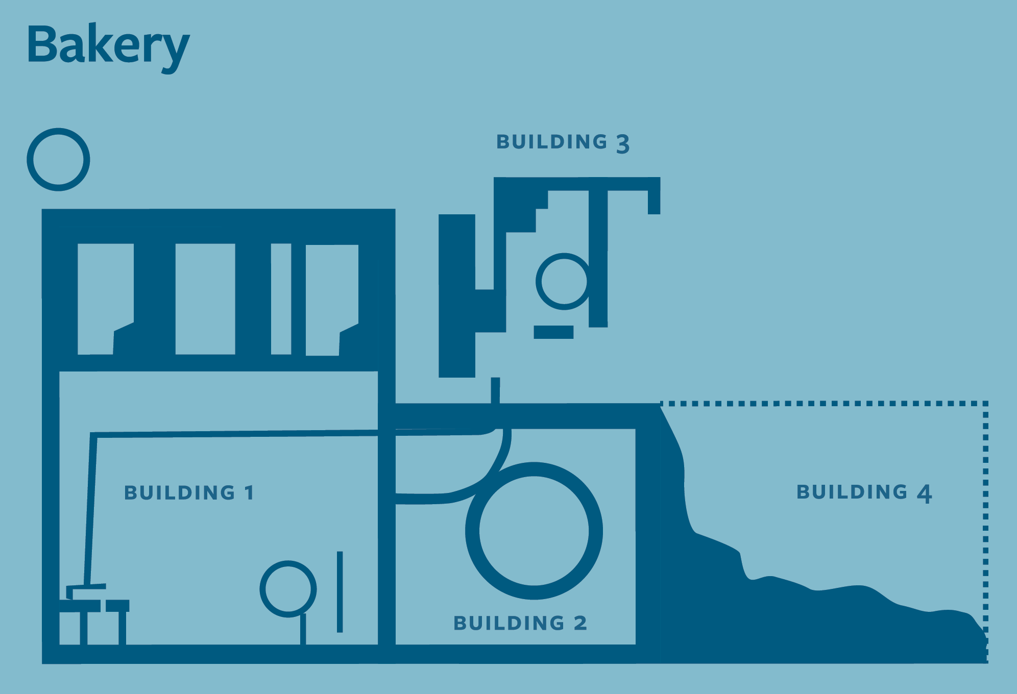 Labeled map of the excavated portions of the Lee Street Site bakery, showing four buildings.