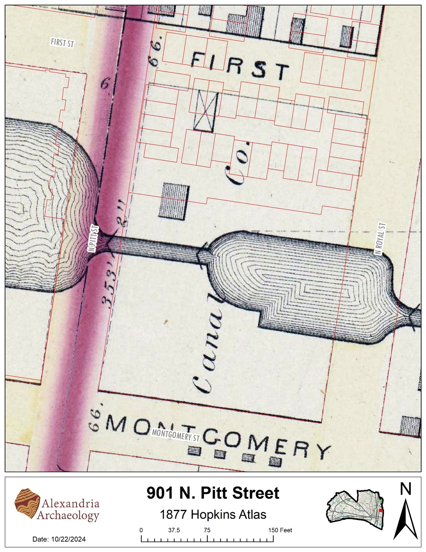 1877 Hopkins insurance map showing canal and adjacent buildings