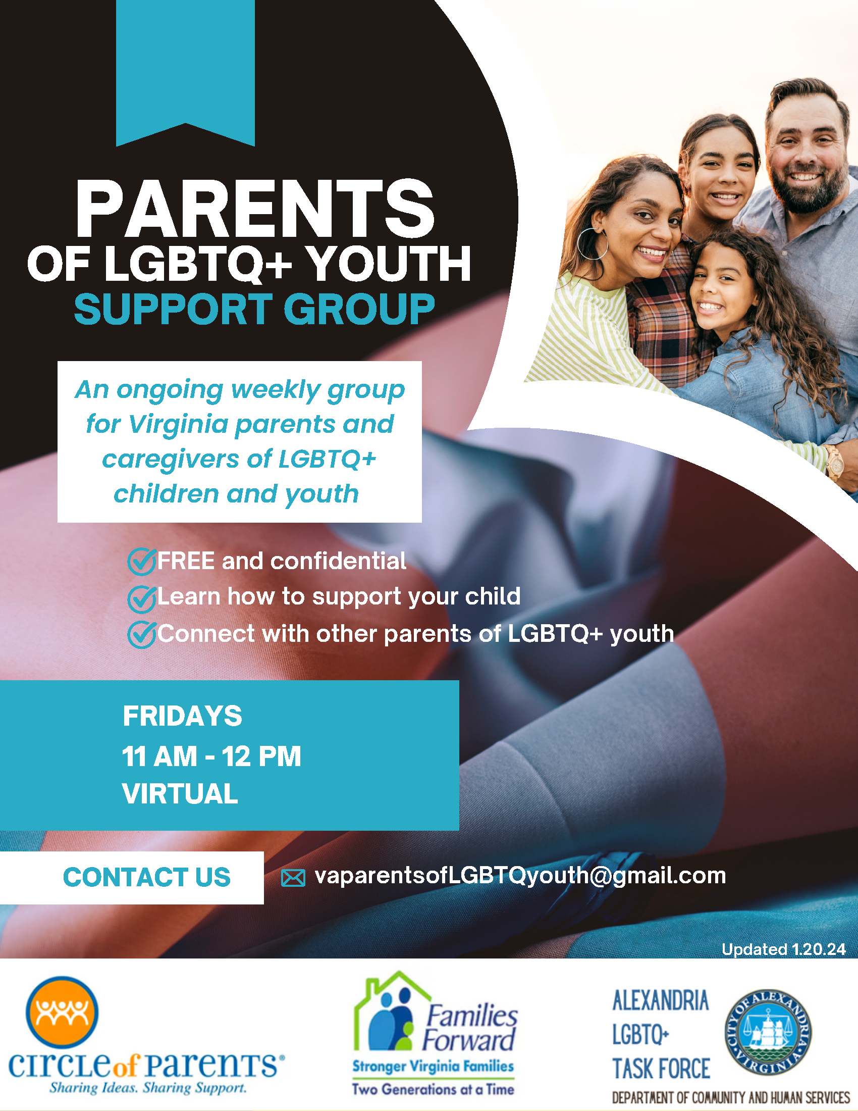 Parents of LGBTQ+ youth support group flyer