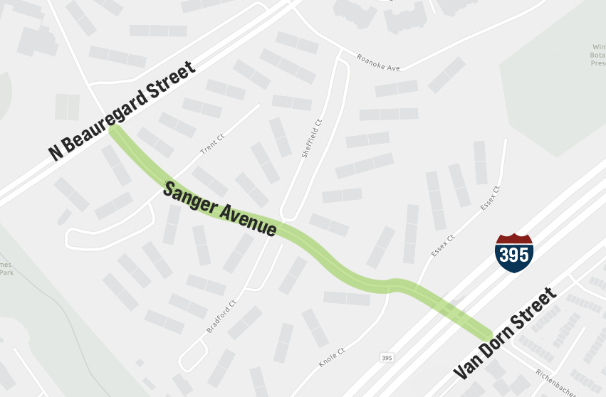 A map of Sanger Avenue between North Beauregard Street and Van Dorn Street, passing beneath I395.