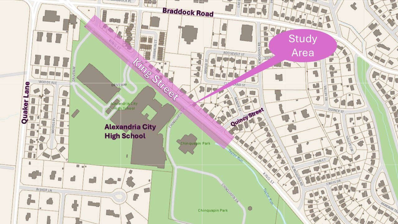 Site map with a portion of King Street, in front of the Alexandria City High School highlighted to show the study area.