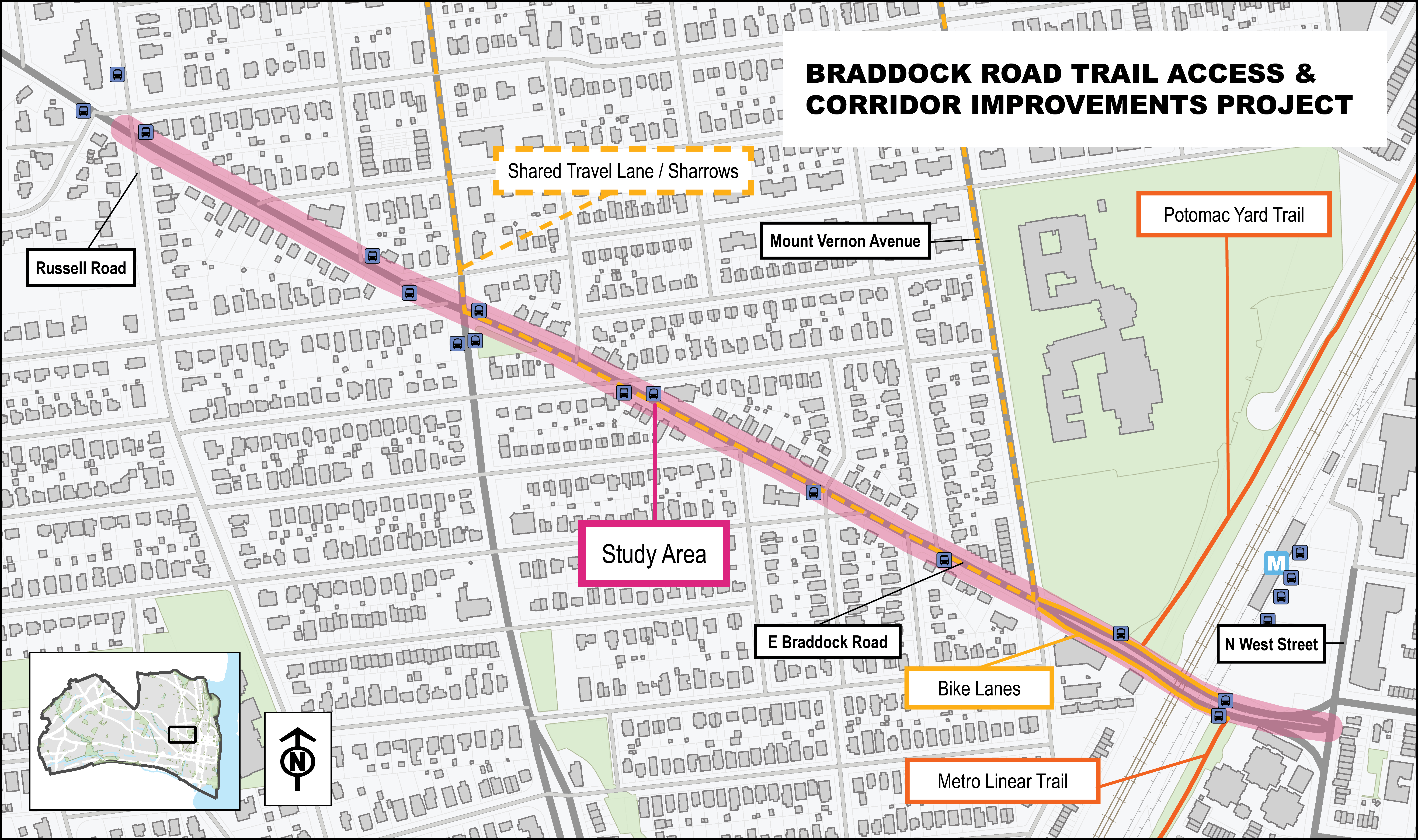 This map shows the study area for the Braddock Road Trail Access & Corridor Improvements project. The study area runs along Braddock Road from Russell Road in the west to North West Street in the east. The map also includes bus stops in the study area as well as lines marking the Potomac Yard Trail, the Metro Linear Trail, and the shared lane markings (sharrows) on Mount Vernon Avenue, Braddock Road, and Commonwealth Avenue.