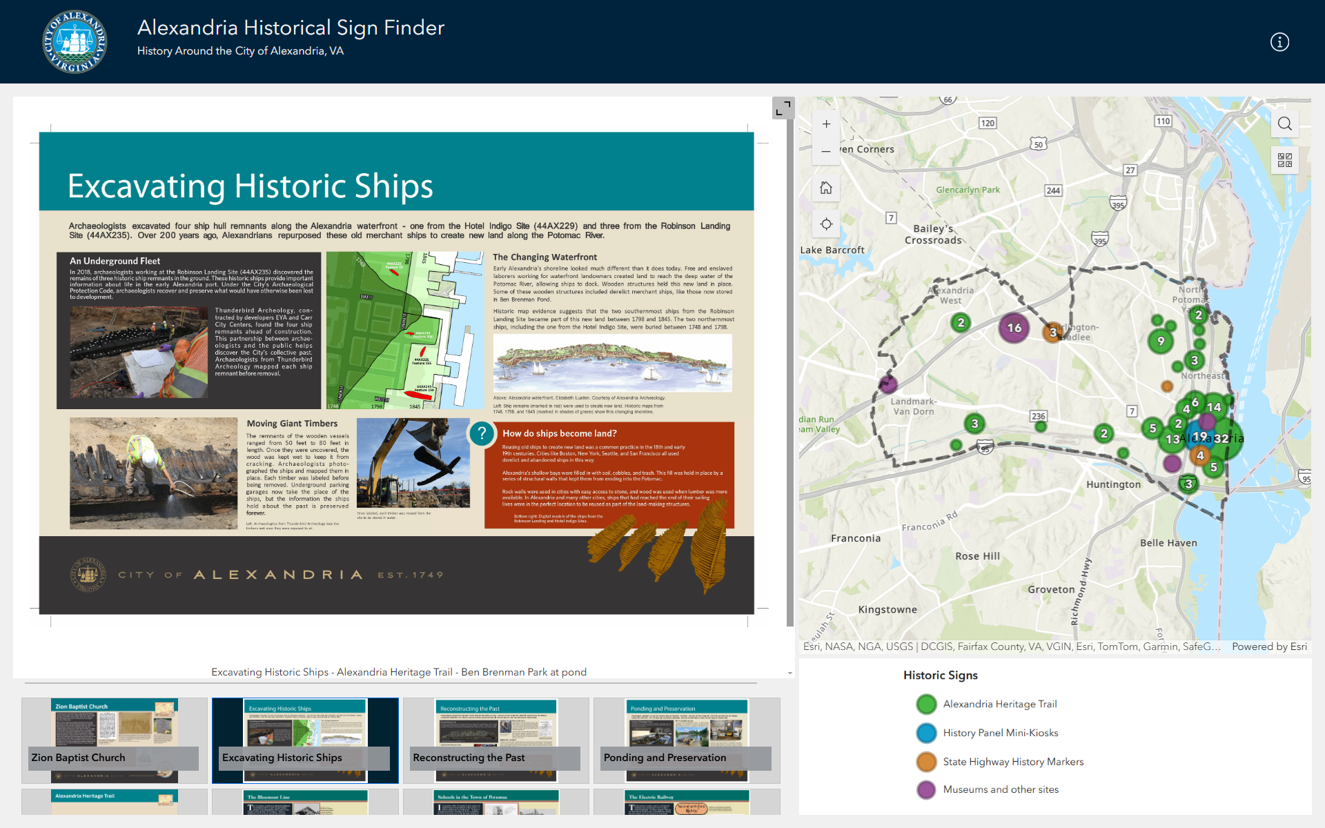 Historic sign "Excavating Historic Ships" and Sign Finder map