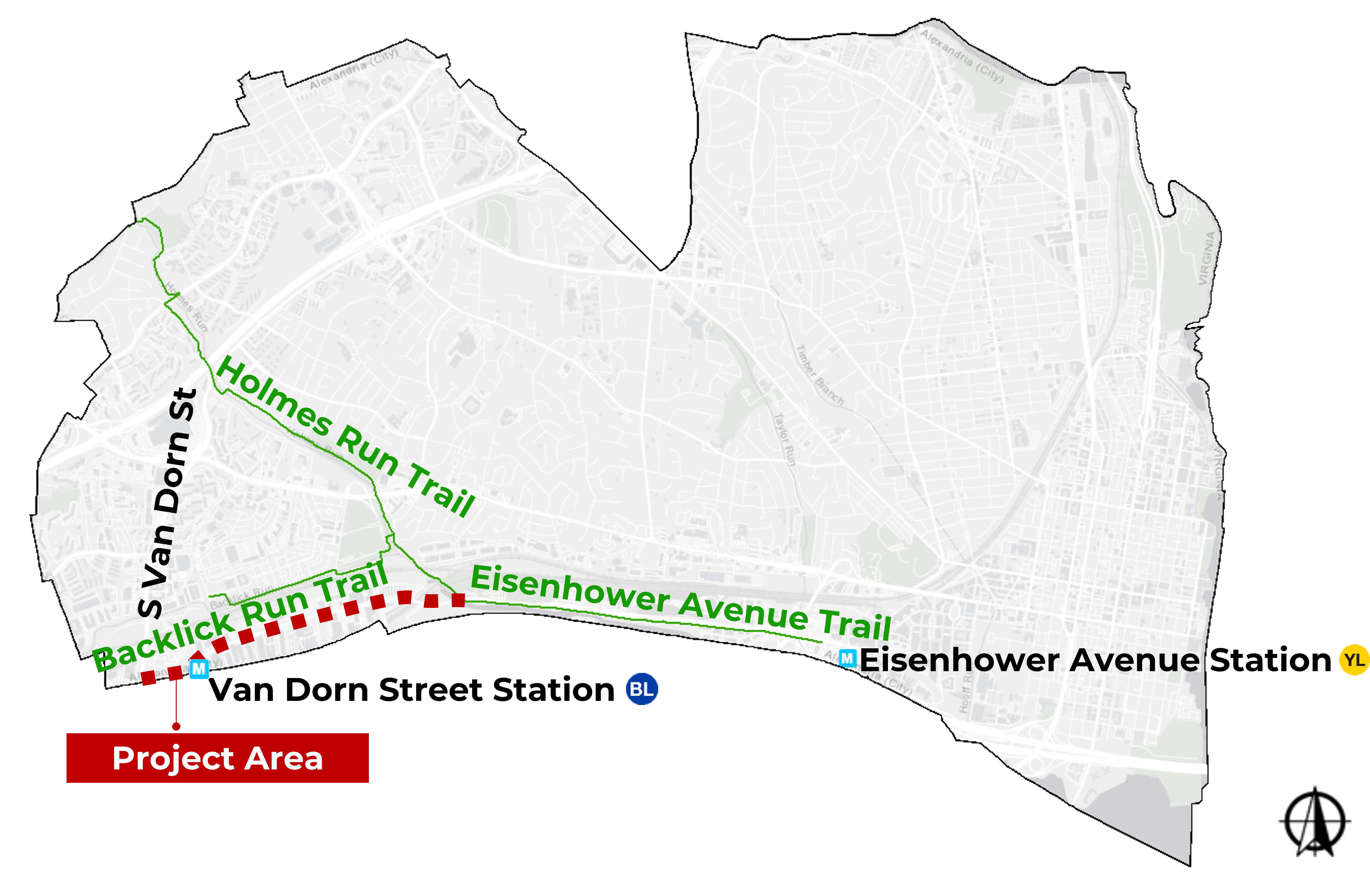 A map of the Eisenhower Avenue Corridor Improvements Project, which encompasses Eisenhower Avenue between South Van Dorn Street and the Holmes Run Trail.