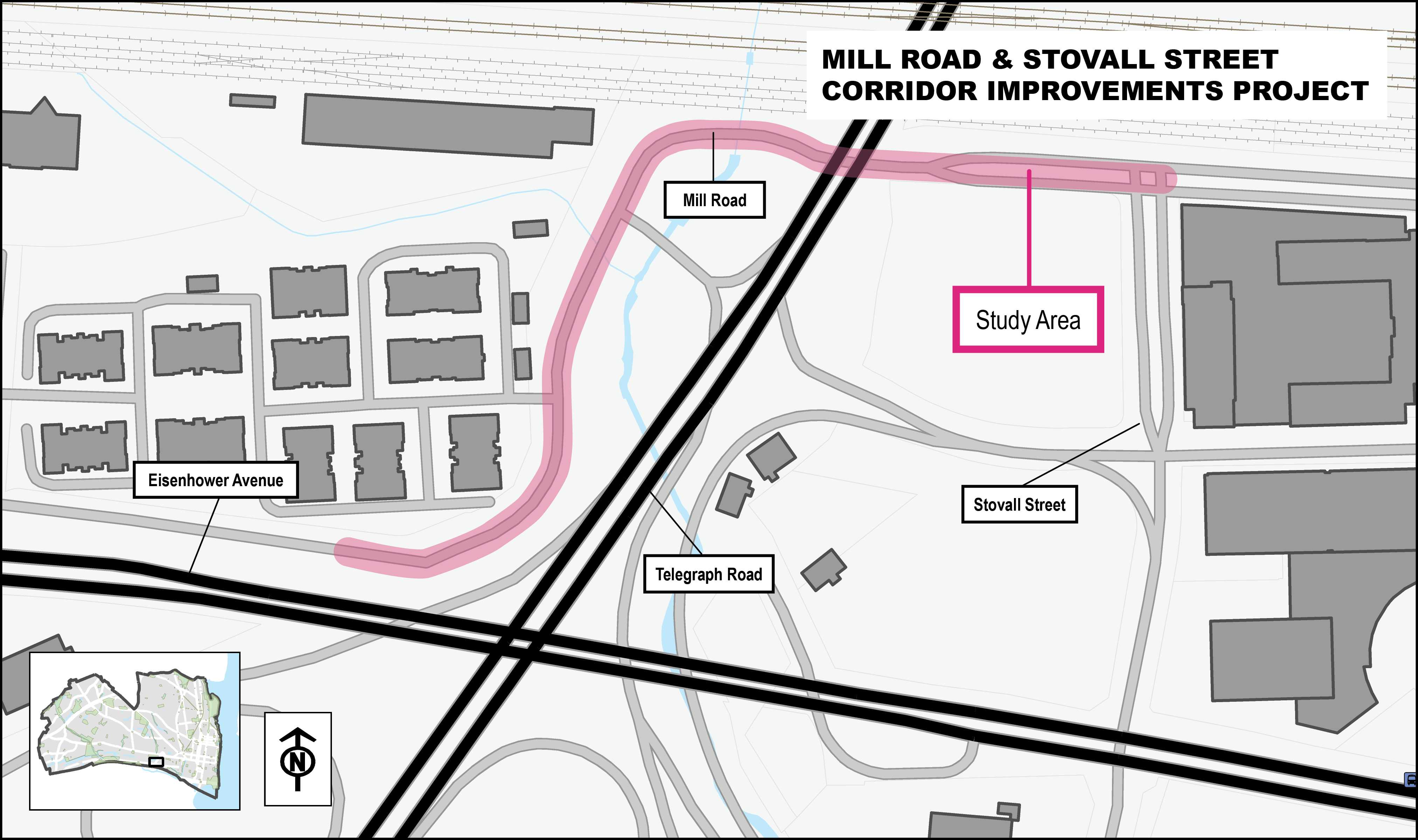 Map showing the project area, including Mill Road west of Stovall Street.