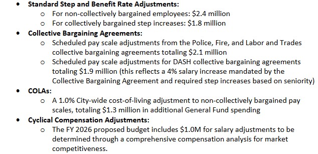 City staff compensation enhancements table