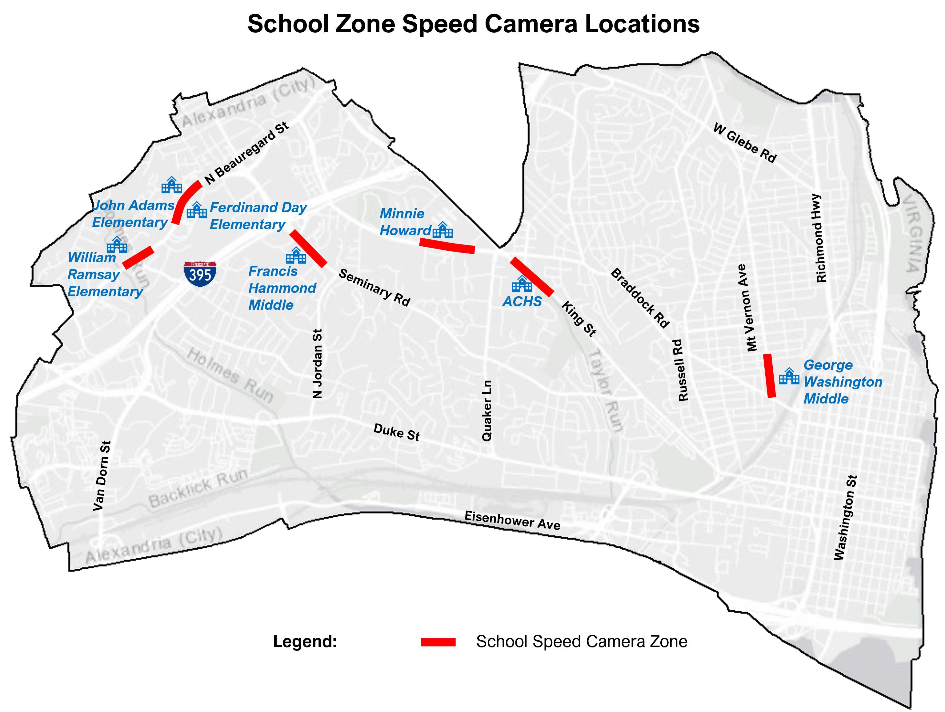 A map of the City of Alexandria showing five speed camera locations in the following school zones: George Washington Middle, Alexandria City High School King Street Campus, Alexandria City High School Minnie Howard Campus, John Adams Elementary/Ferdinand T. Day Elementary, Hammond Middle, and William Ramsay Elementary.