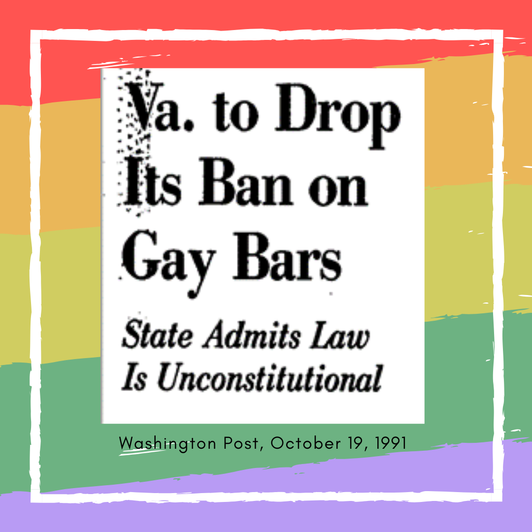 VA to Drop Its Ban on Gay Bars, State Admits Law is Unconstitutional. Rainbow background.