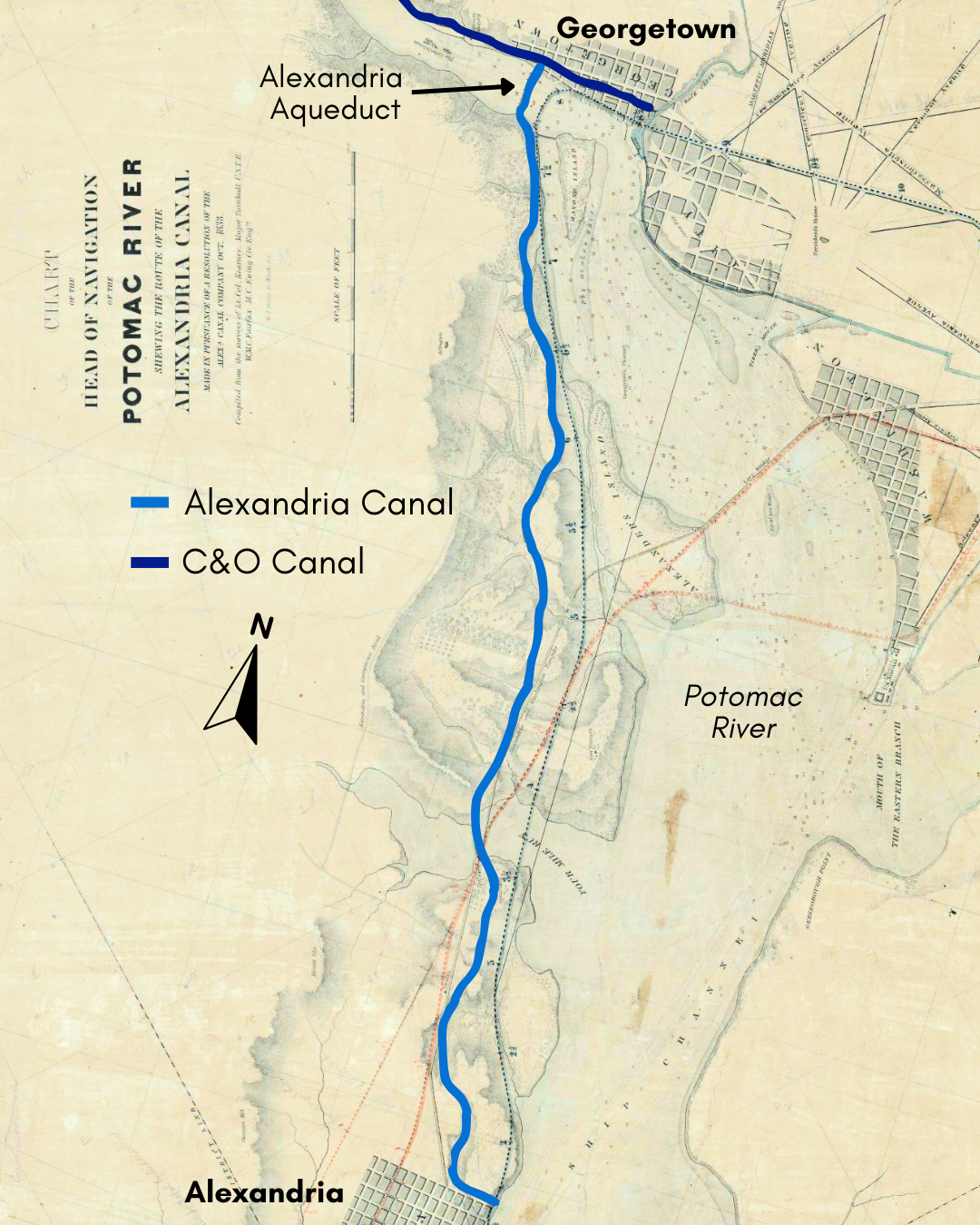 1838 map showing Alexandria, Georgetown, and the Potomac River, with a labeled overlay of the Alexandria Canal and C&O Canal.