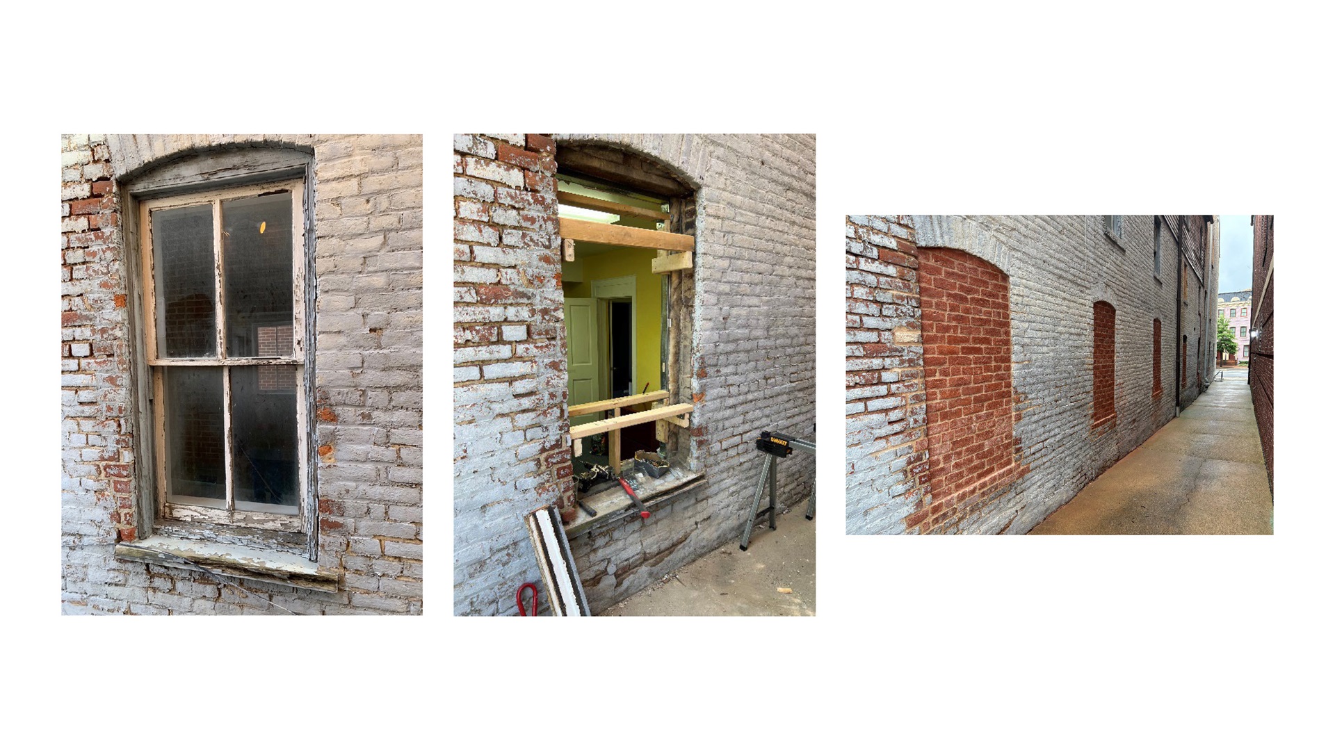 Later 19th and 20th century windows were filled with brick. Three images.