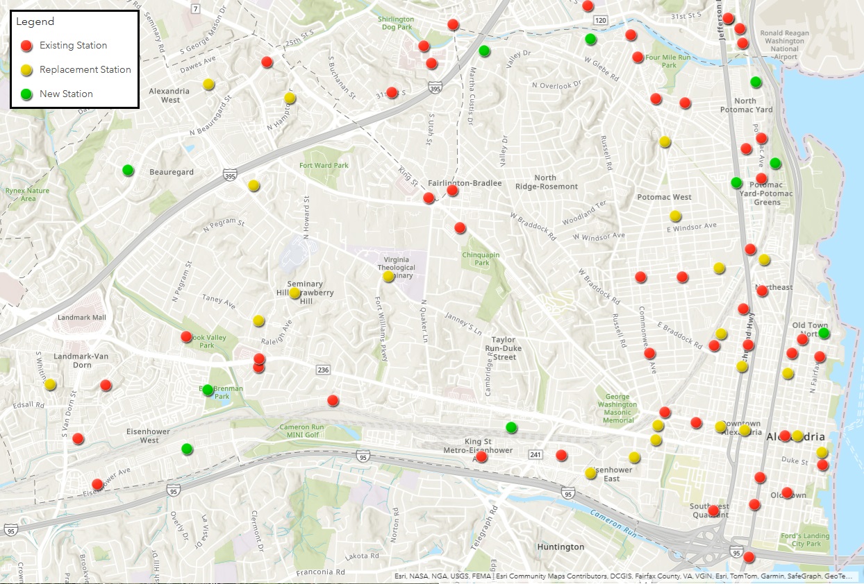 Map of existing, replacement, and new Capital Bikeshare stations