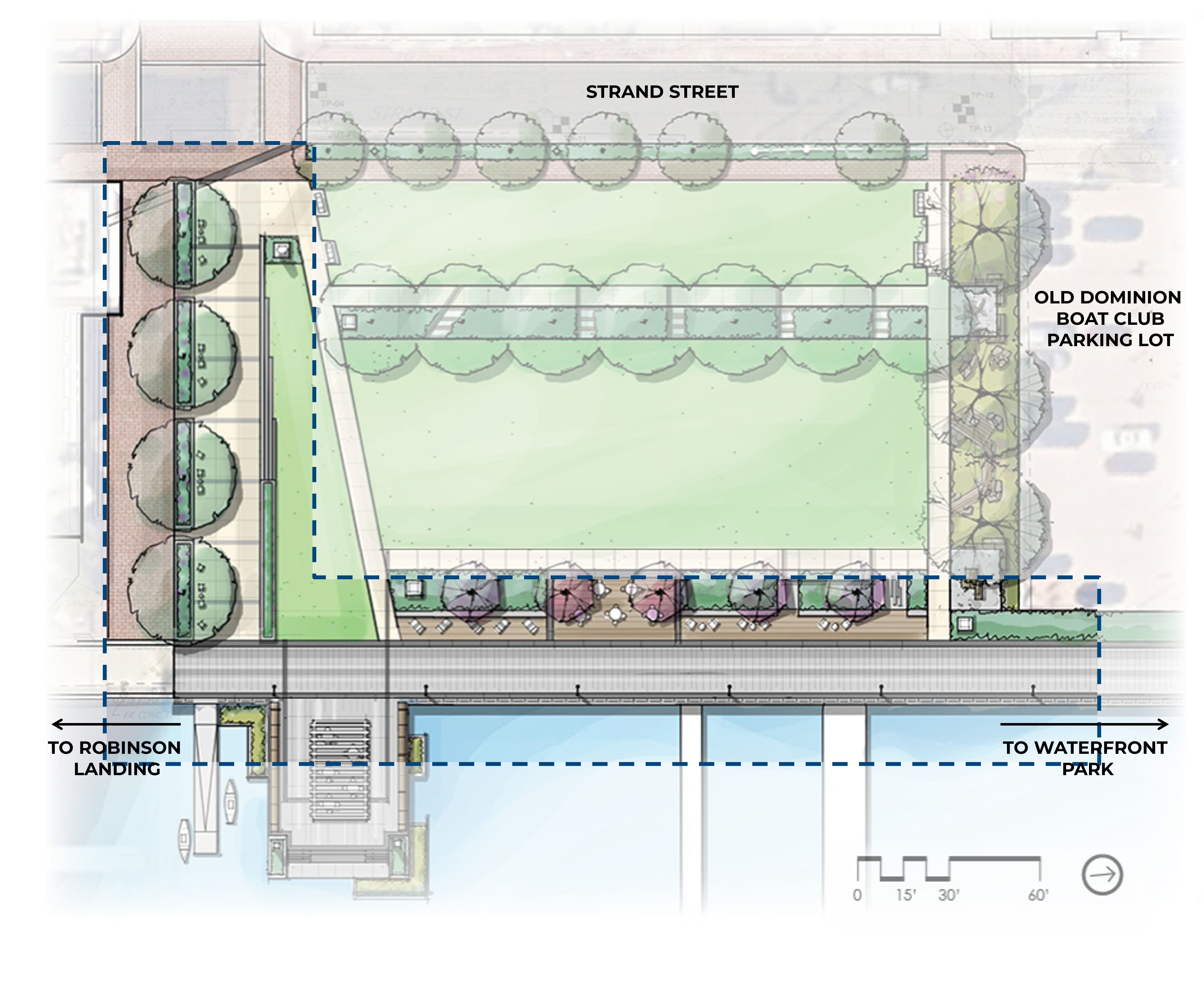 Bird's-eye view rendering of the African American Heritage Trail as it passes through Point Lumley Park.