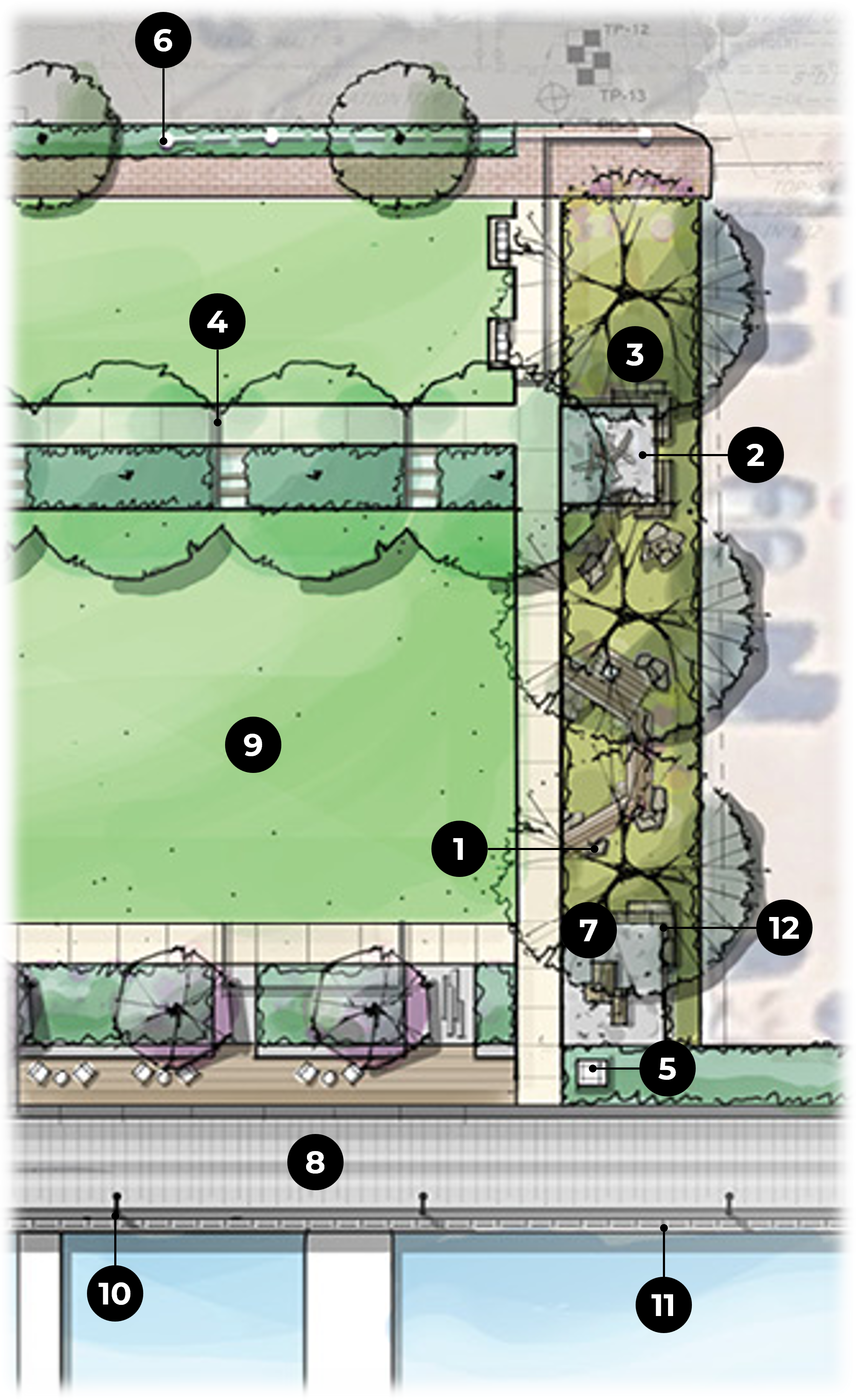 Bird's-eye view rendering of proposed landscape improvements for Point Lumley Park with numbers listing the park's bioretention elements..