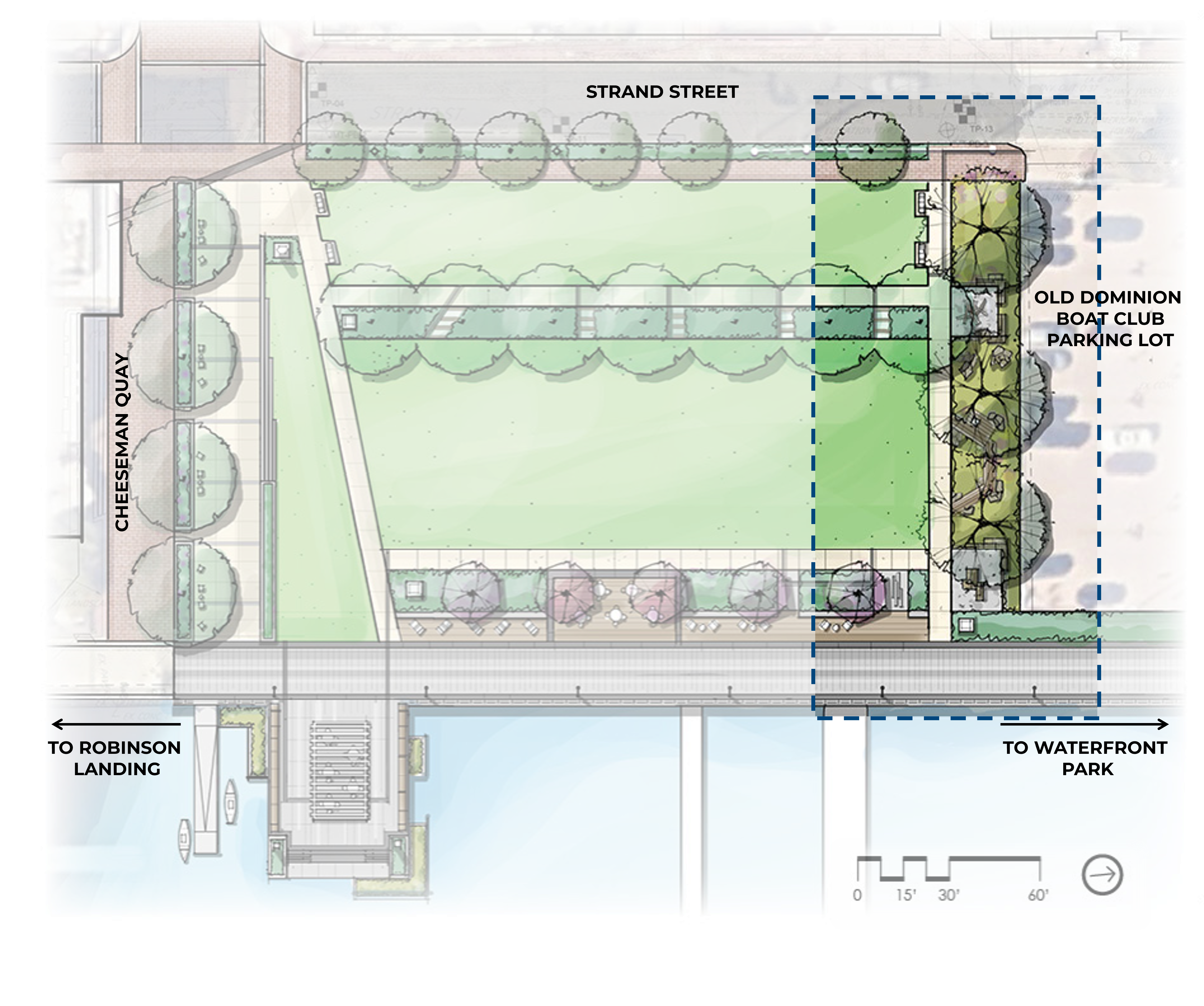 Bird's-eye view rendering of proposed landscape improvements for Point Lumley Park highlighting the bioretention area.