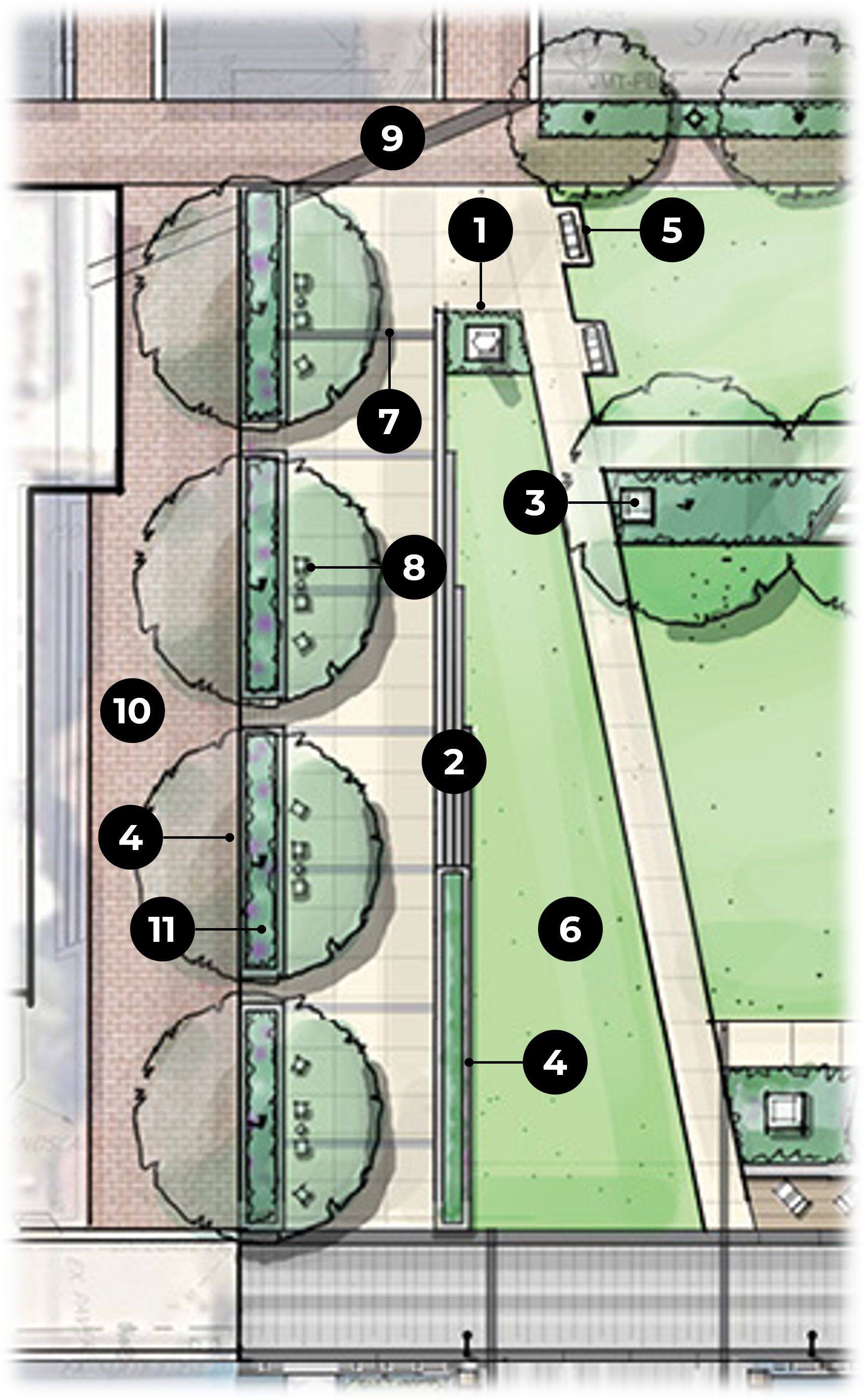 Bird's-eye view rendering of proposed landscape improvements for Point Lumley Park with numbers listing the park's Gateway Walk elements.
